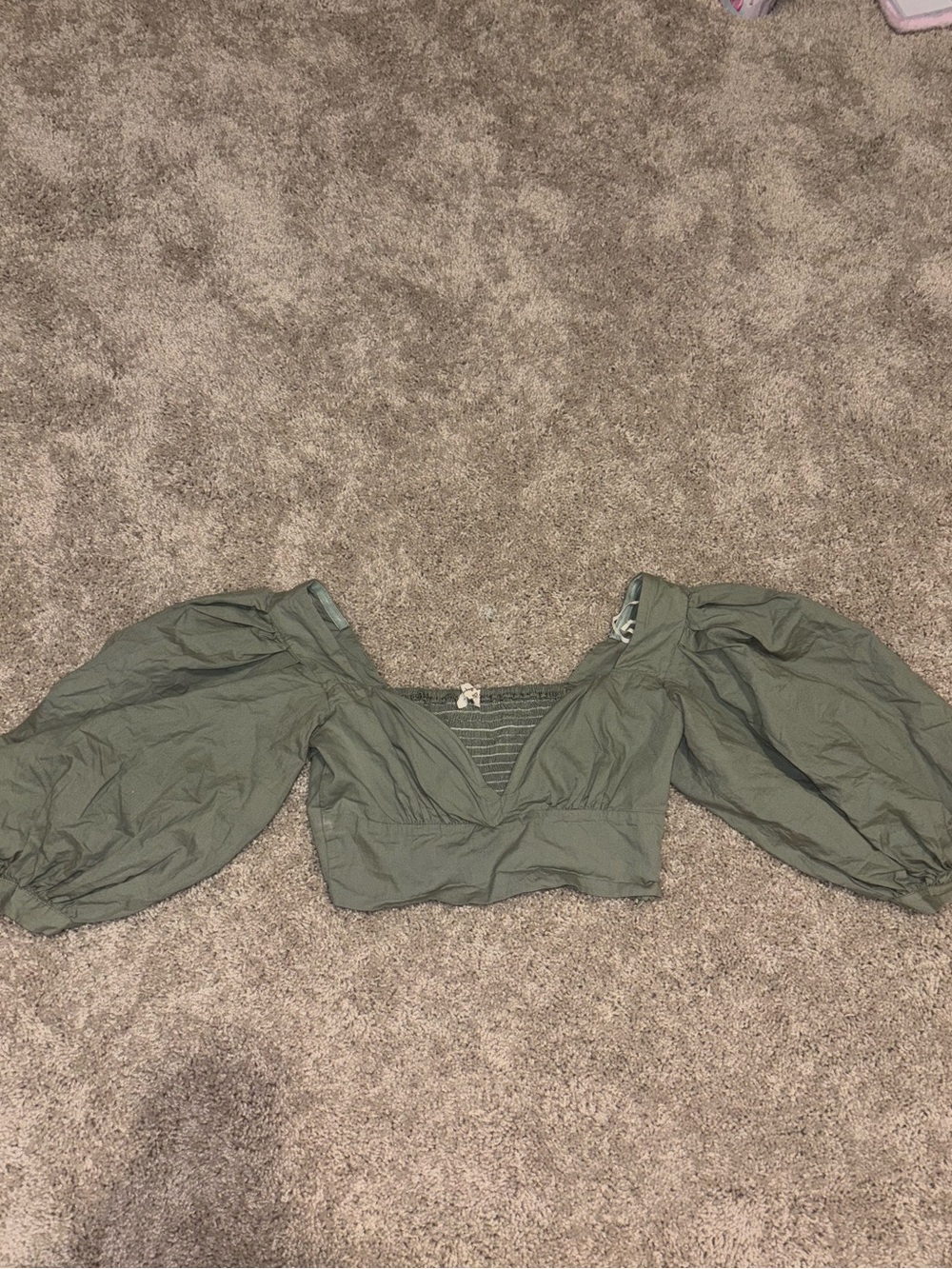 The Vintage Shop Sage Green Puff Sleeve Crop Top Smocked Blouse Small